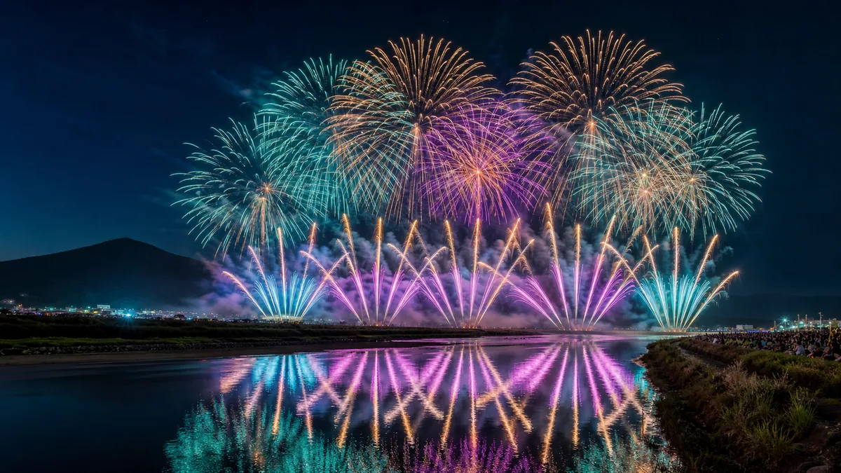 赤川河川敷で芸術的な花火が広がるAI生成イメージ