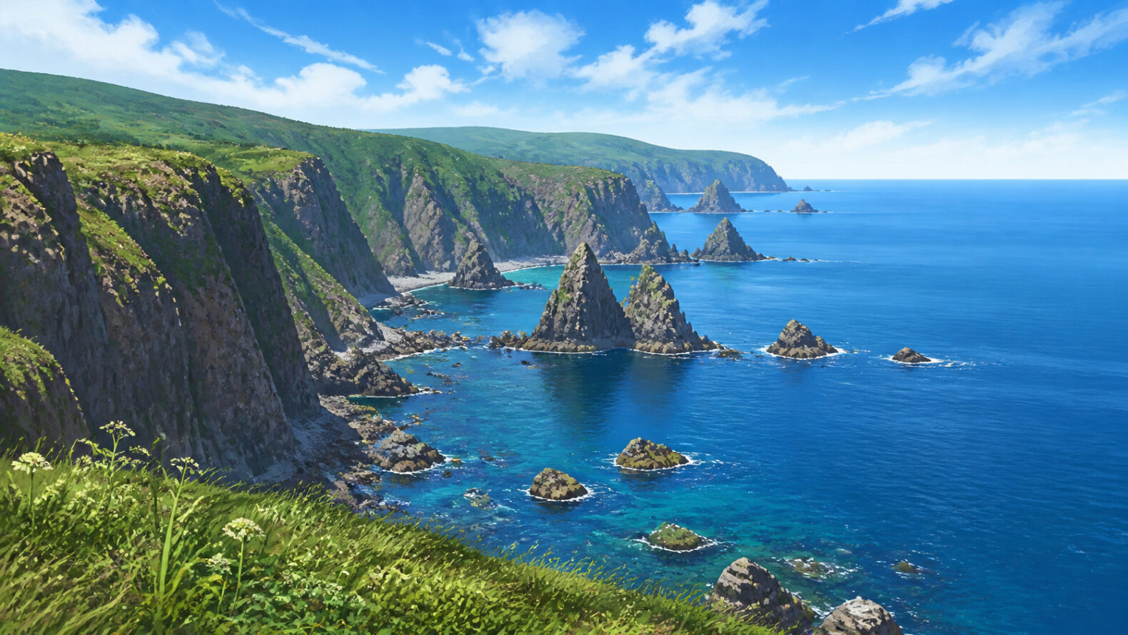 北海道・積丹町の断崖と青い海を描いた島武意海岸のAI生成イメージ