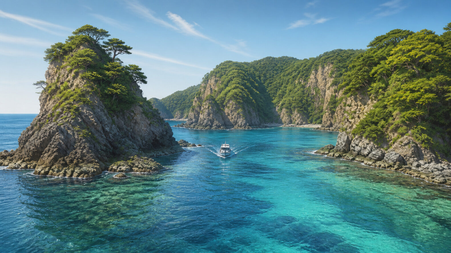 静岡県・南伊豆町の入り江と青い海を描いたヒリゾ浜のAI生成イメージ