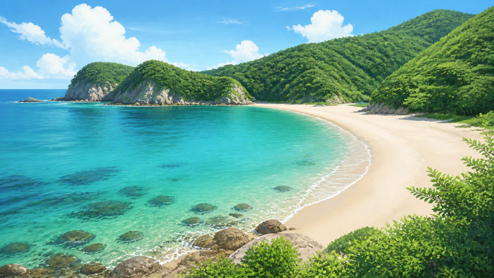 千葉県・勝浦市の砂浜と青い海を描いた守谷海水浴場のAI生成イメージ