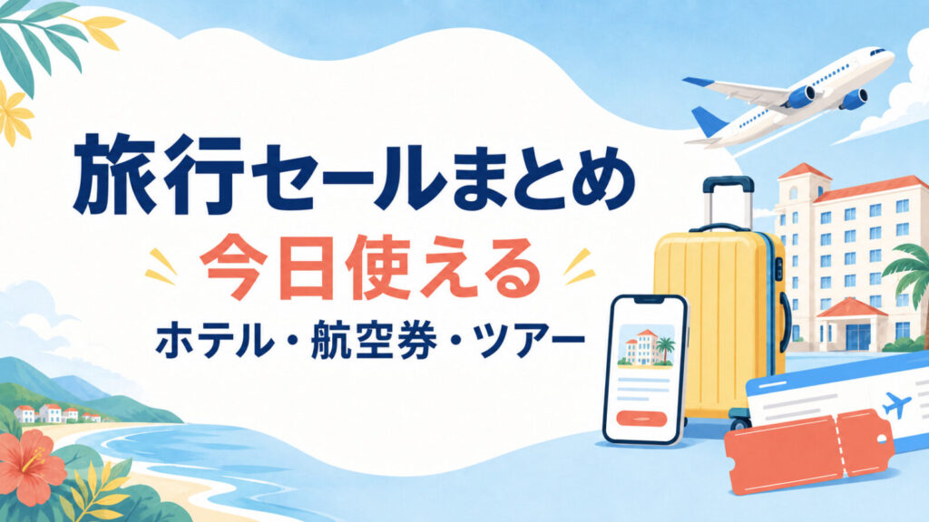 ホテル・航空券・ツアーの旅行セールまとめをイメージしたアイキャッチ
