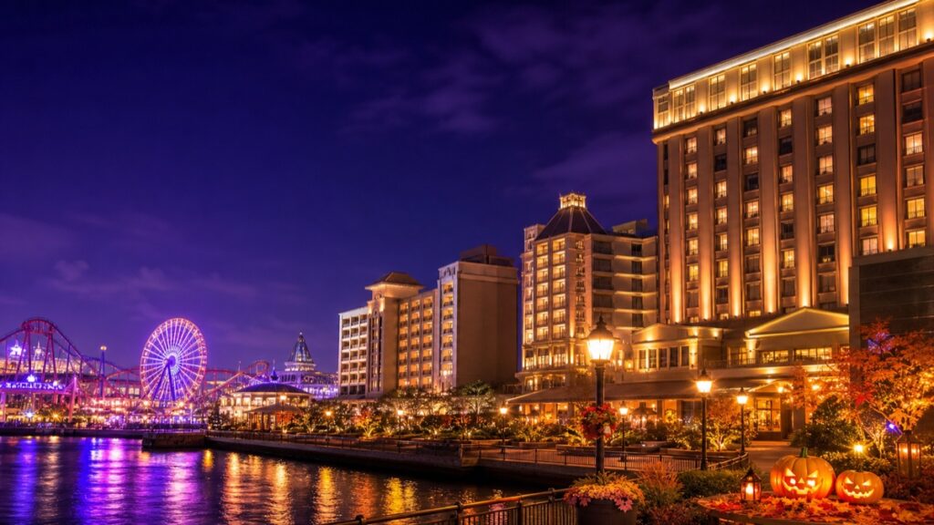 USJホラーナイト2026と周辺ホテルをイメージした夜景