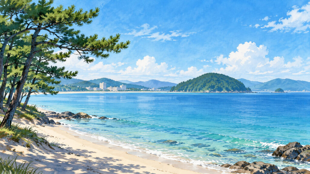 唐津湾と海岸を描いたイラスト（実際のホテル建物を写した写真ではありません）