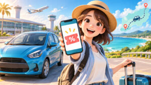 じゃらんレンタカークーポンを探す旅行者とレンタカーのイラスト