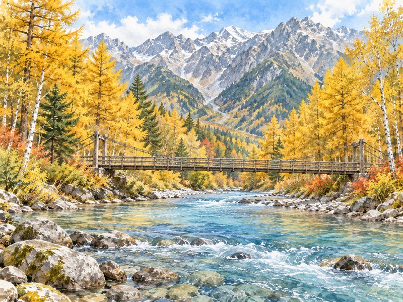上高地の紅葉のイラスト(イメージ)