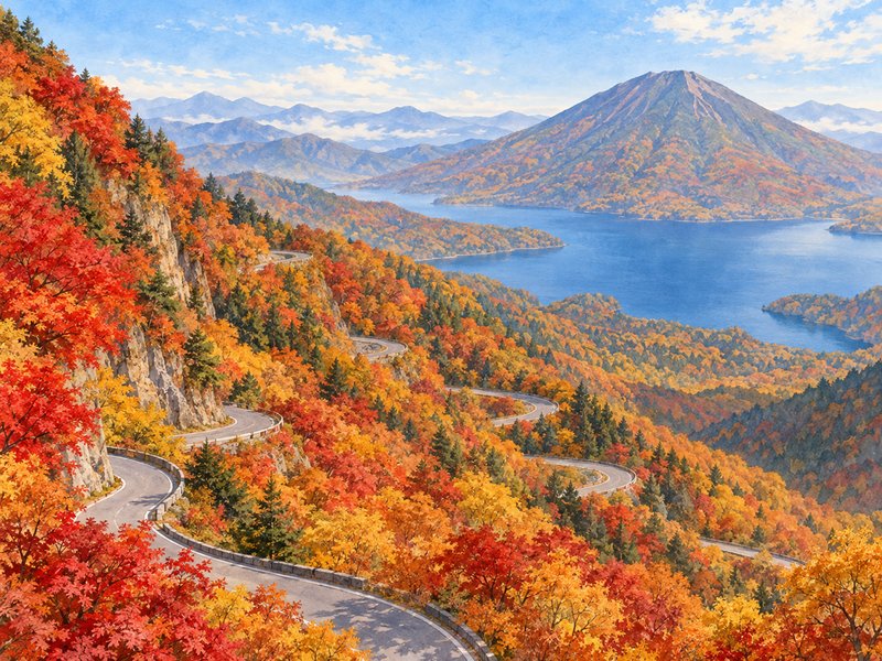 日光(いろは坂・中禅寺湖)の紅葉のイラスト(イメージ)