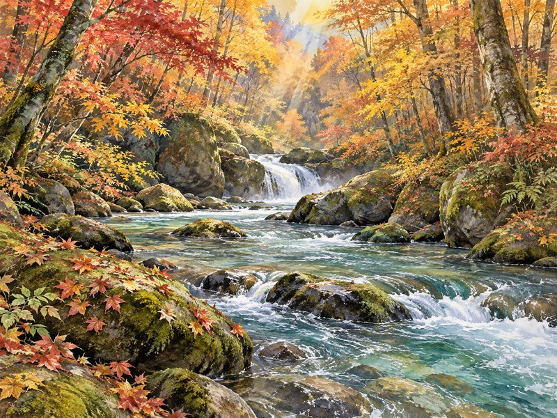 奥入瀬渓流の紅葉のイラスト(イメージ)