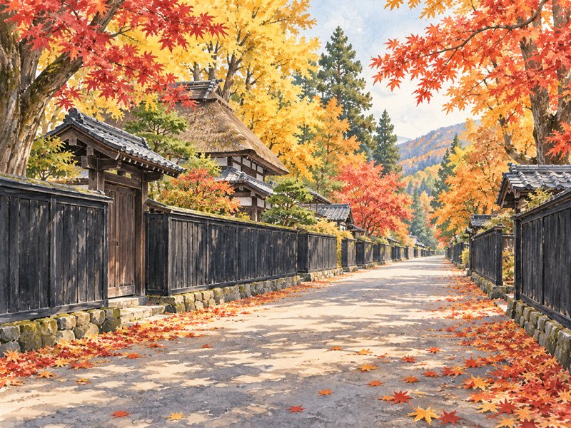 角館武家屋敷通りの紅葉のイラスト(イメージ)