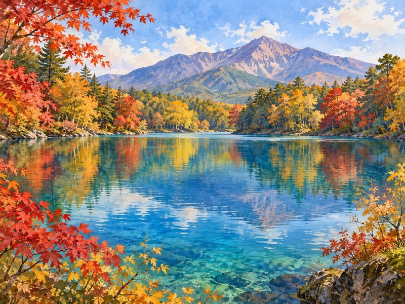 五色沼の紅葉のイラスト(イメージ)