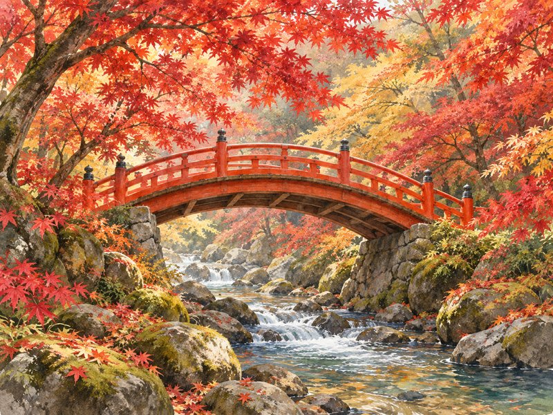 伊香保温泉 河鹿橋の紅葉のイラスト(イメージ)