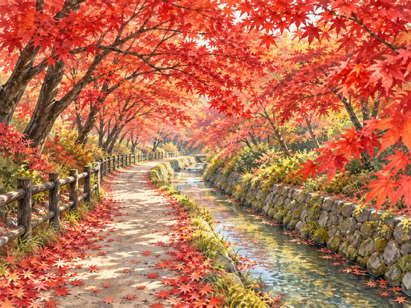 河口湖もみじ回廊の紅葉のイラスト(イメージ)