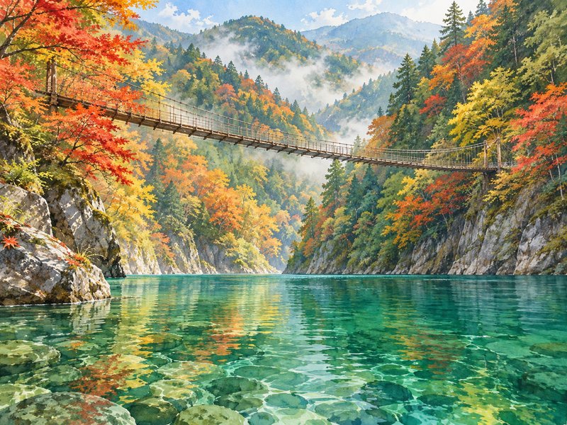 寸又峡(夢のつり橋)の紅葉のイラスト(イメージ)