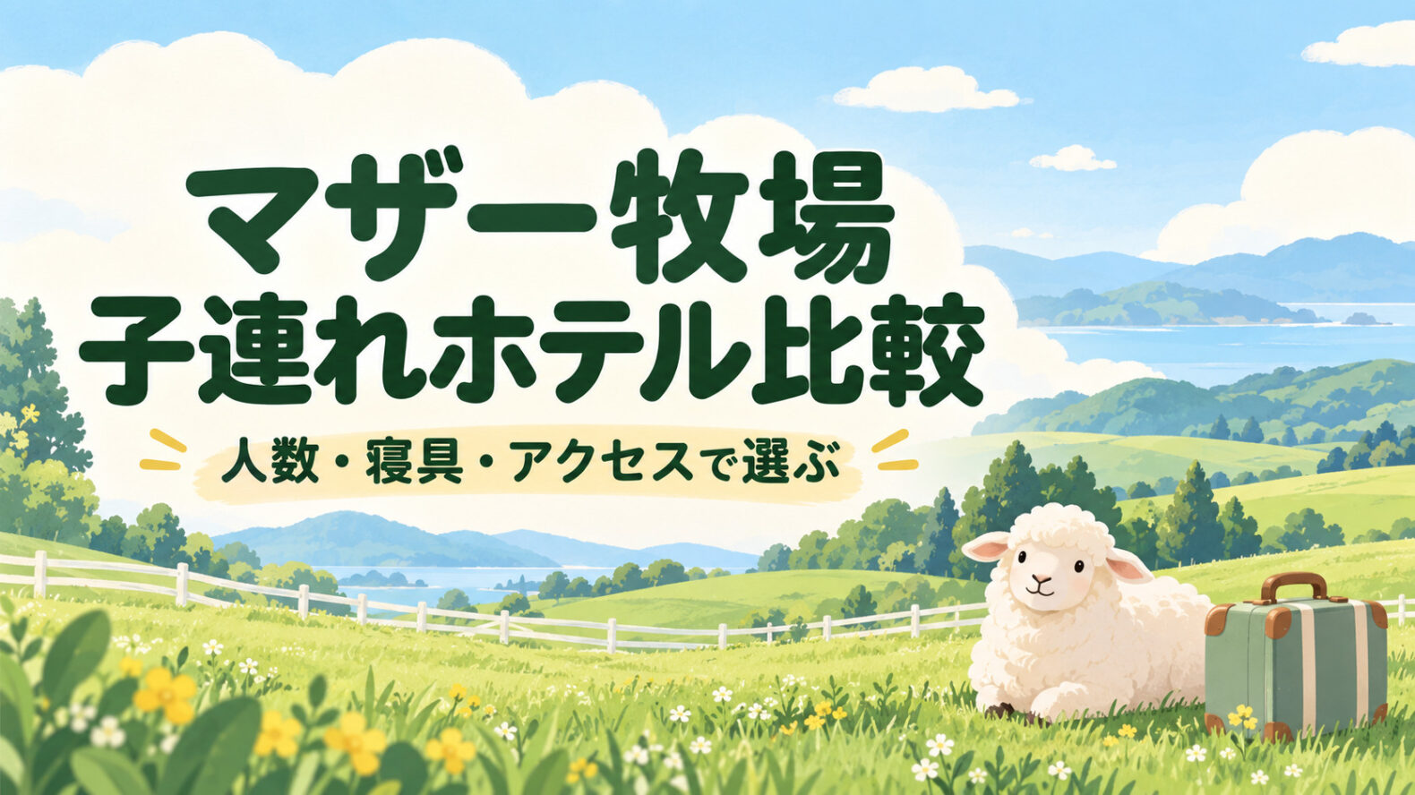 マザー牧場周辺の子連れホテルを人数・寝具・アクセスで選ぶ説明イラスト（AI生成、実施設の写真ではありません）