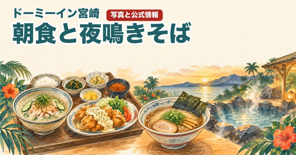 ドーミーイン宮崎の朝食と夜鳴きそばの水彩イラスト