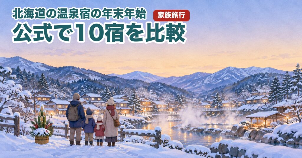 北海道の温泉街で、雪の中の家族と門松の水彩イラスト