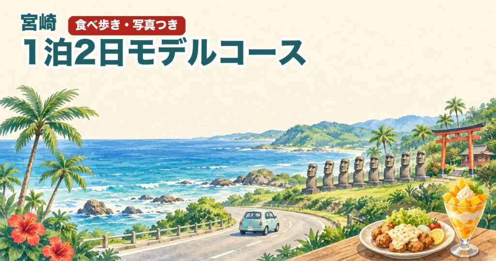 宮崎の1泊2日モデルコースの水彩イラスト。海沿いの道、モアイ風の石像、チキン南蛮、マンゴーパフェ