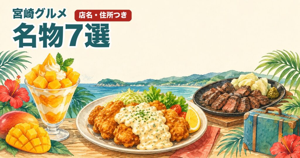 宮崎グルメ名物7選のアイキャッチ。チキン南蛮・マンゴーパフェ・焼肉の水彩イラスト