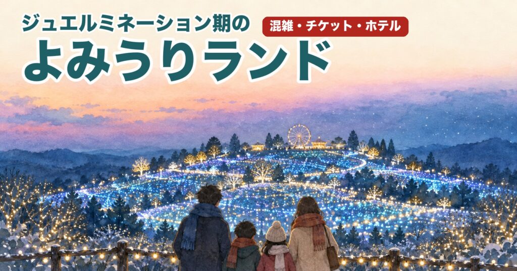 冬の夕暮れの丘の上の遊園地のイルミネーションを見上げる家族のイラスト
