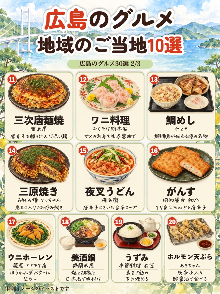 広島のグルメ 地域のご当地10選のイラスト(三次唐麺焼、ワニ料理、鯛めしなど)