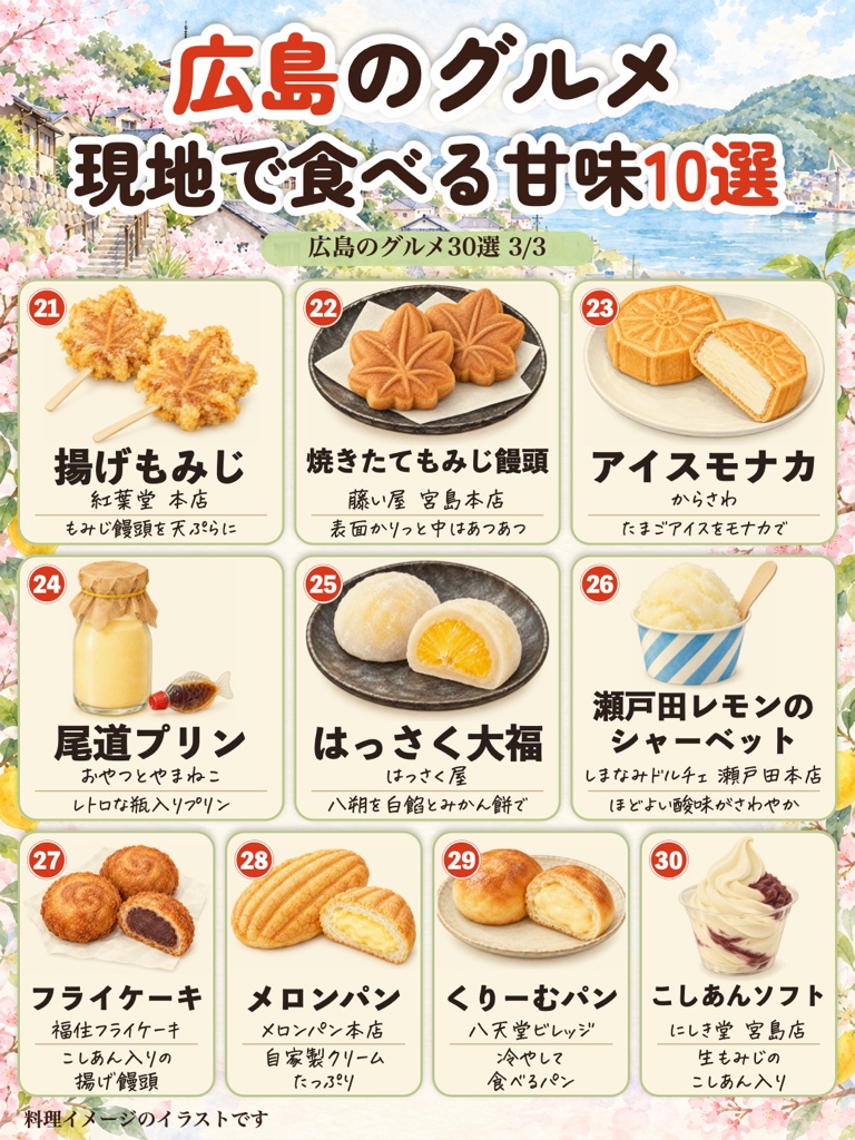 広島のグルメ 現地で食べる甘味10選のイラスト(揚げもみじ、焼きたてもみじ饅頭、アイスモナカなど)