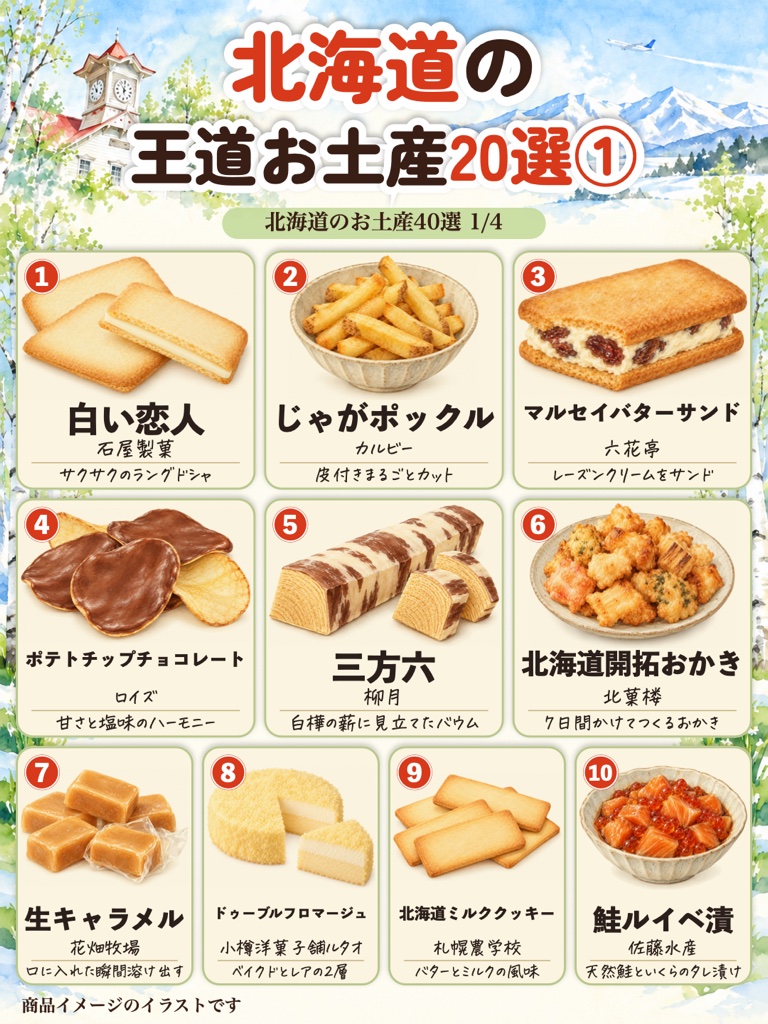 北海道の王道お土産20選① 1〜10のイラスト(白い恋人、じゃがポックル、マルセイバターサンドなど)