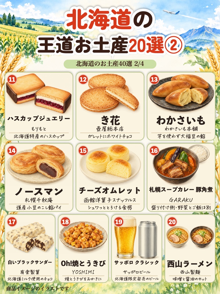 北海道の王道お土産20選② 11〜20のイラスト(ハスカップジュエリー、き花、わかさいもなど)