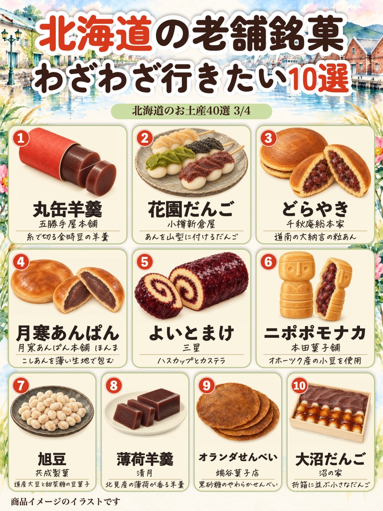 北海道の老舗銘菓 わざわざ行きたい10選のイラスト(丸缶羊羹、花園だんご、どらやきなど)