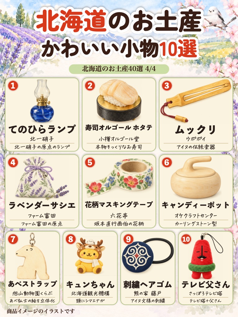 北海道のお土産 かわいい小物10選のイラスト(てのひらランプ、寿司オルゴール、ムックリなど)