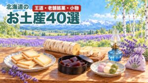 北海道のお土産40選のアイキャッチ(北海道の景色と、お菓子・小物のイラスト)