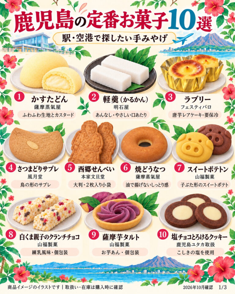 鹿児島の定番のお菓子10品を紹介するイラスト
