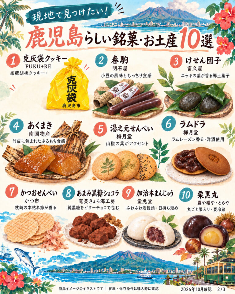 鹿児島らしい銘菓・お土産10品を紹介するイラスト