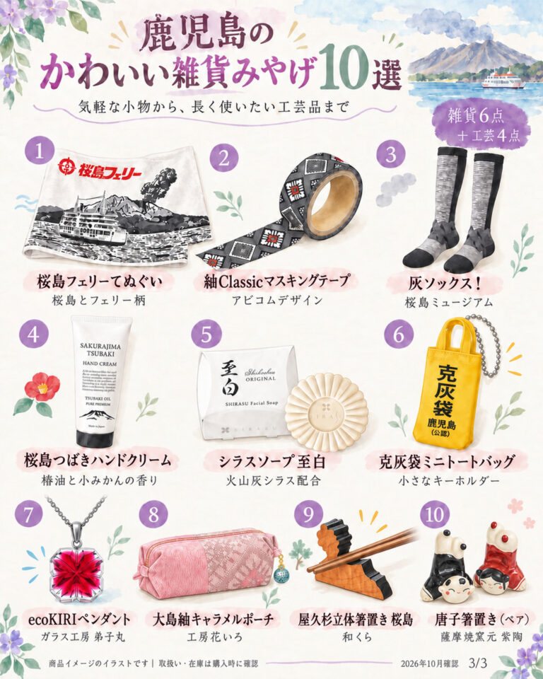 鹿児島の雑貨・工芸みやげ10品を紹介するイラスト