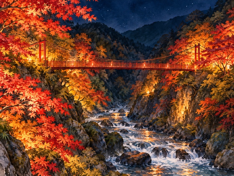 栃木県 那須塩原市の塩原 紅の吊橋の紅葉ライトアップのイラスト(イメージ)