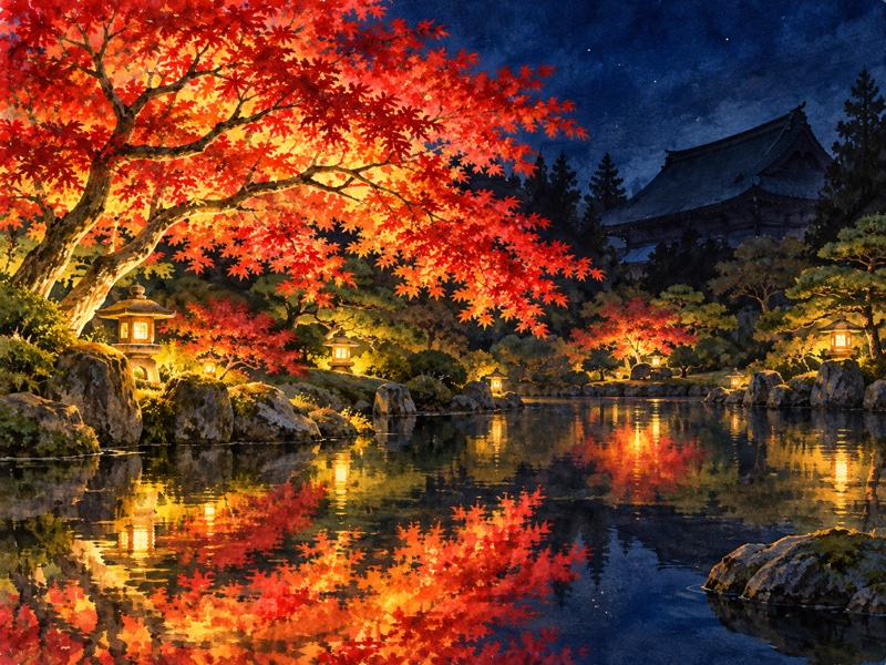 栃木県 日光市の日光 逍遥園 輪王寺の紅葉ライトアップのイラスト(イメージ)