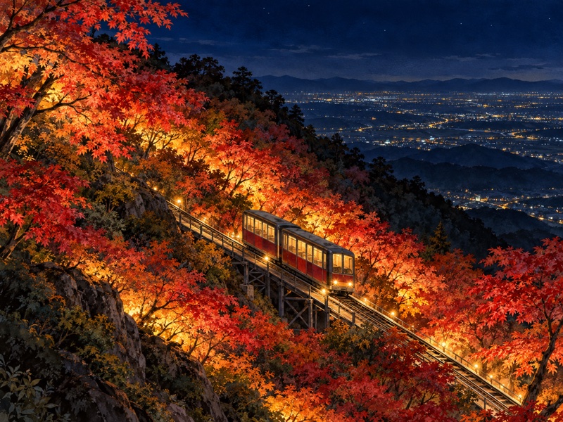 茨城県 つくば市の筑波山の紅葉ライトアップのイラスト(イメージ)