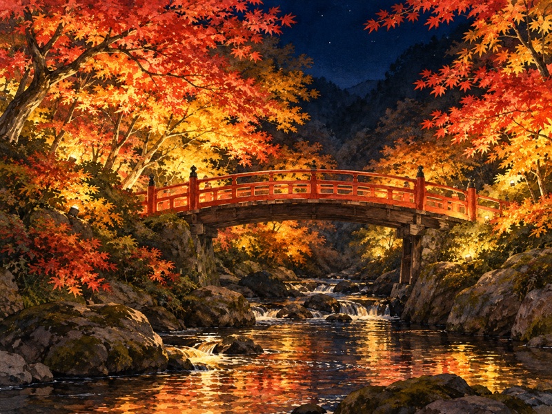 群馬県 渋川市の伊香保 河鹿橋の紅葉ライトアップのイラスト(イメージ)
