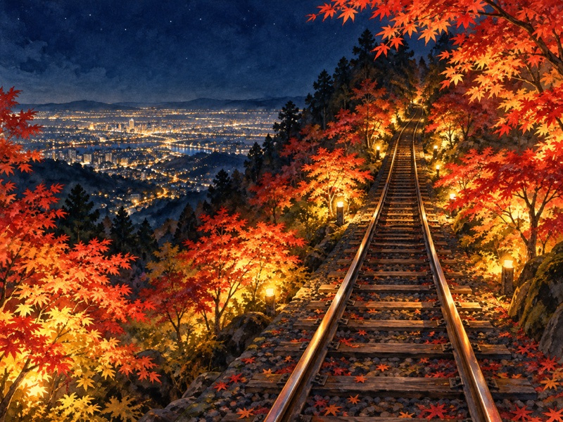 東京都 八王子市の高尾山の紅葉ライトアップのイラスト(イメージ)
