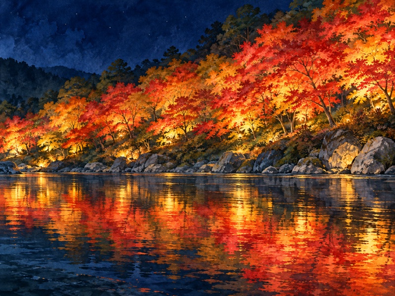 埼玉県 長瀞町の長瀞 月の石もみじ公園の紅葉ライトアップのイラスト(イメージ)