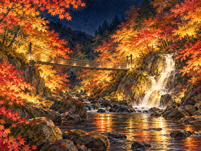 茨城県 高萩市の花貫渓谷の紅葉ライトアップのイラスト(イメージ)