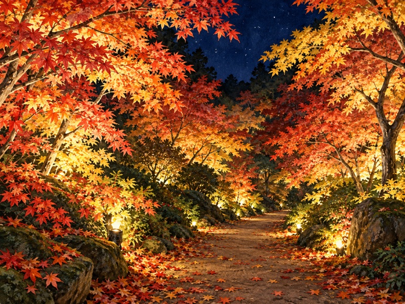 茨城県 水戸市の偕楽園 もみじ谷の紅葉ライトアップのイラスト(イメージ)