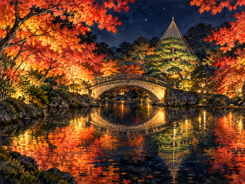 東京都文京区の小石川後楽園の紅葉ライトアップのイラスト。夜の池に石橋と紅葉が映る(イメージ)