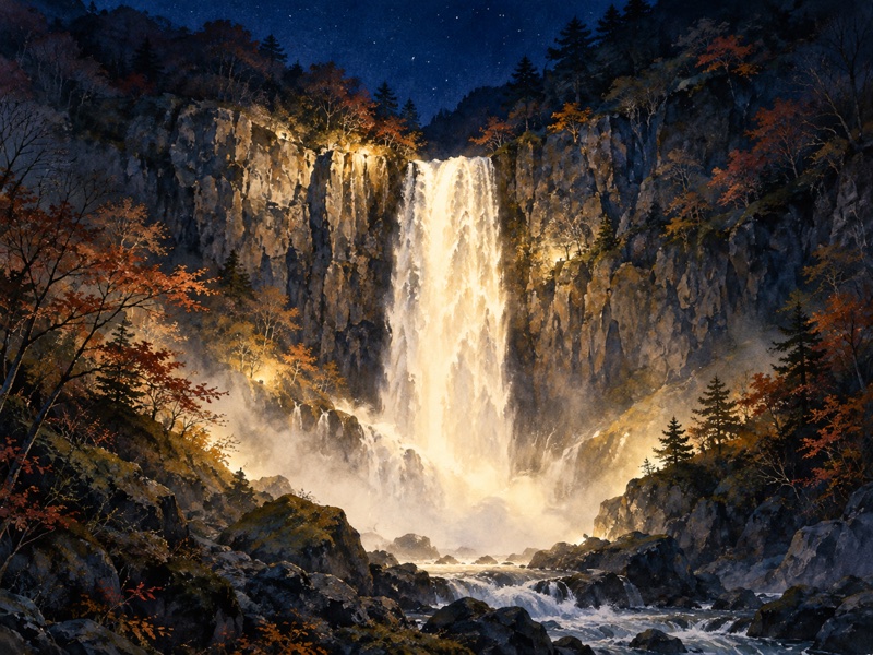 栃木県 日光市の華厳滝の紅葉ライトアップのイラスト(イメージ)