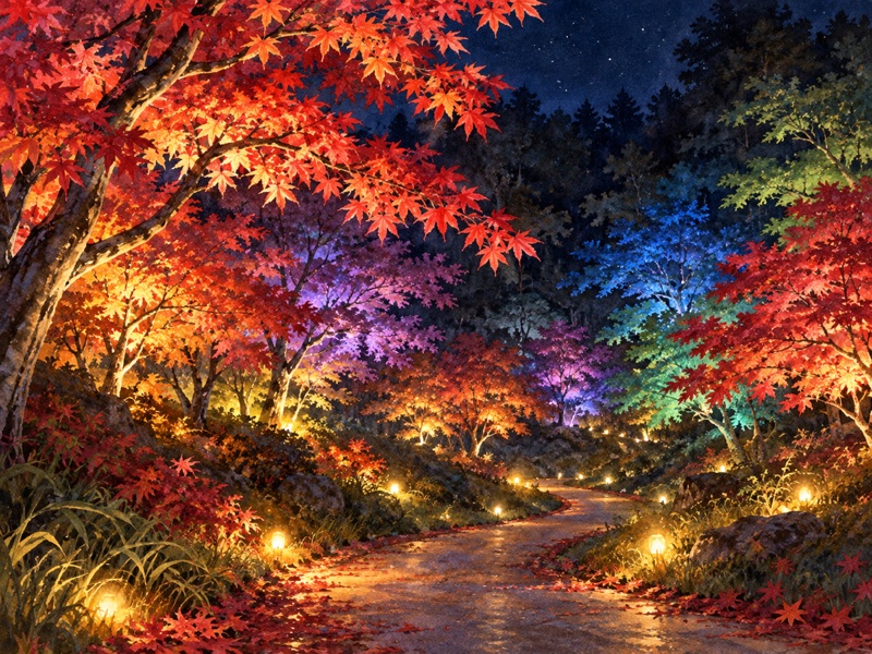 埼玉県 滑川町の国営武蔵丘陵森林公園の紅葉ライトアップのイラスト(イメージ)