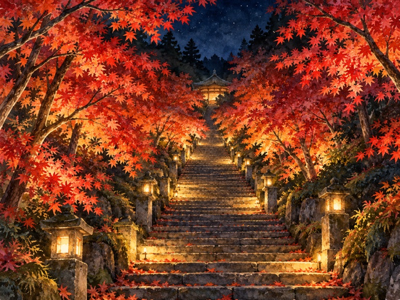 神奈川県 伊勢原市の大山 大山寺・阿夫利神社の紅葉ライトアップのイラスト(イメージ)