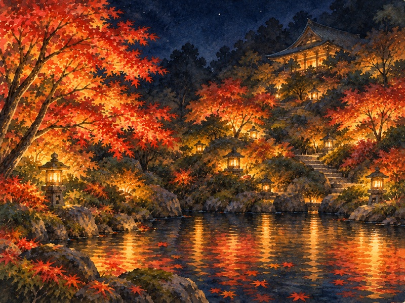 神奈川県 鎌倉市の鎌倉 長谷寺の紅葉ライトアップのイラスト(イメージ)