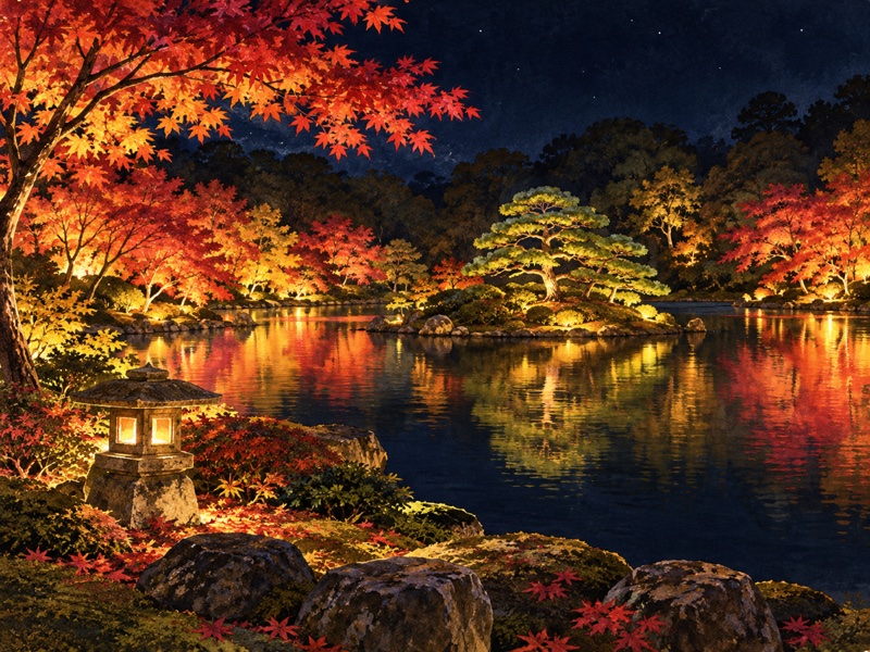 東京都 文京区の六義園の紅葉ライトアップのイラスト(イメージ)