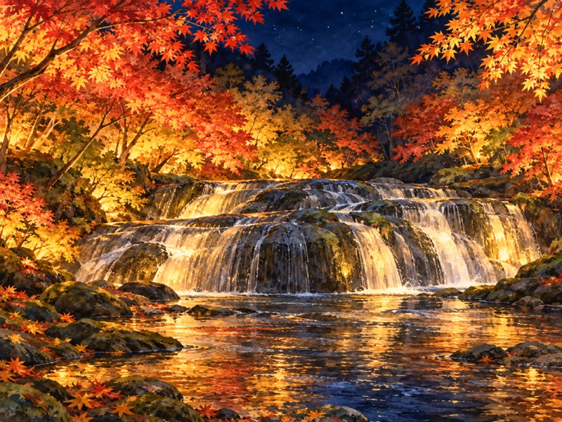 千葉県 大多喜町・市原市の養老渓谷の紅葉ライトアップのイラスト(イメージ)
