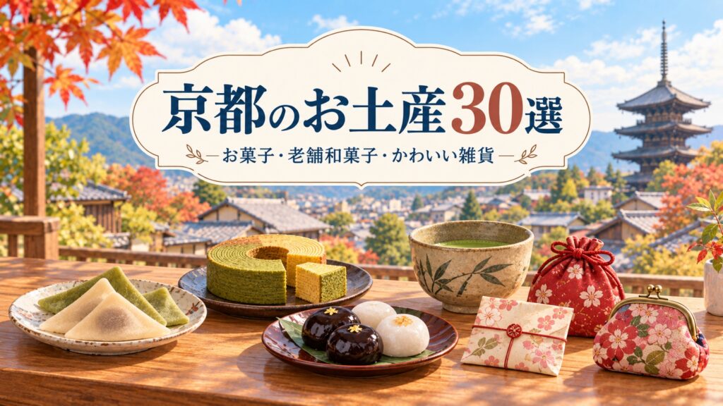 京都のお土産30選のアイキャッチ(京都の町並みと、お菓子・雑貨のイラスト)