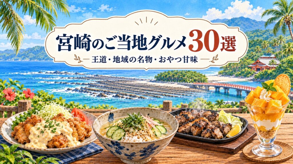 宮崎のご当地グルメ30選のアイキャッチ(青島の海と宮崎の料理のイラスト)