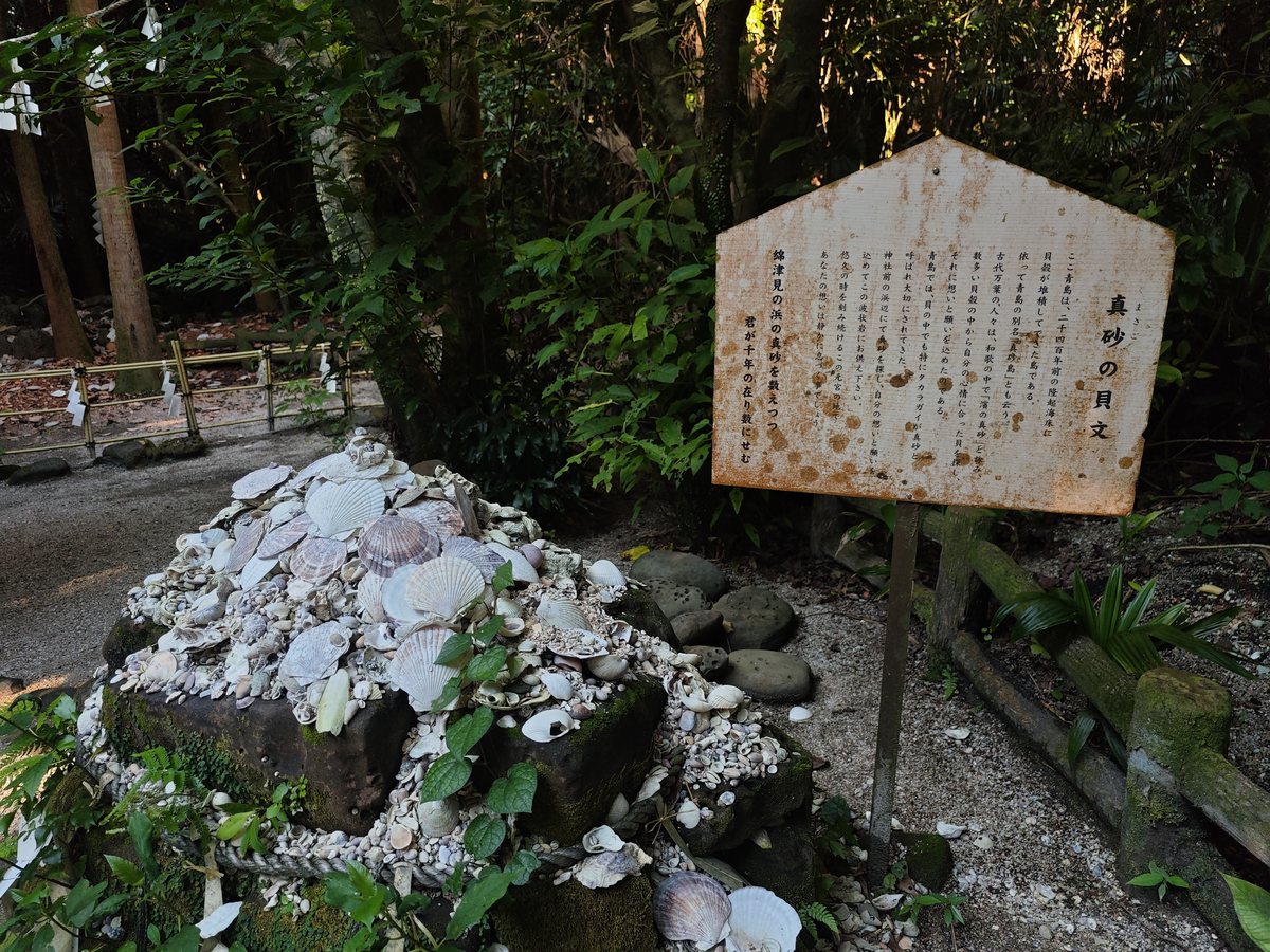 貝殻が積まれた場所と立て札